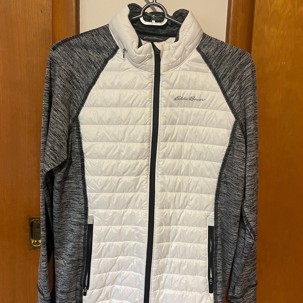 Eddie Bauer Women's White and Gray Jacket with Stowed Zipped Hood. Winter Jacket